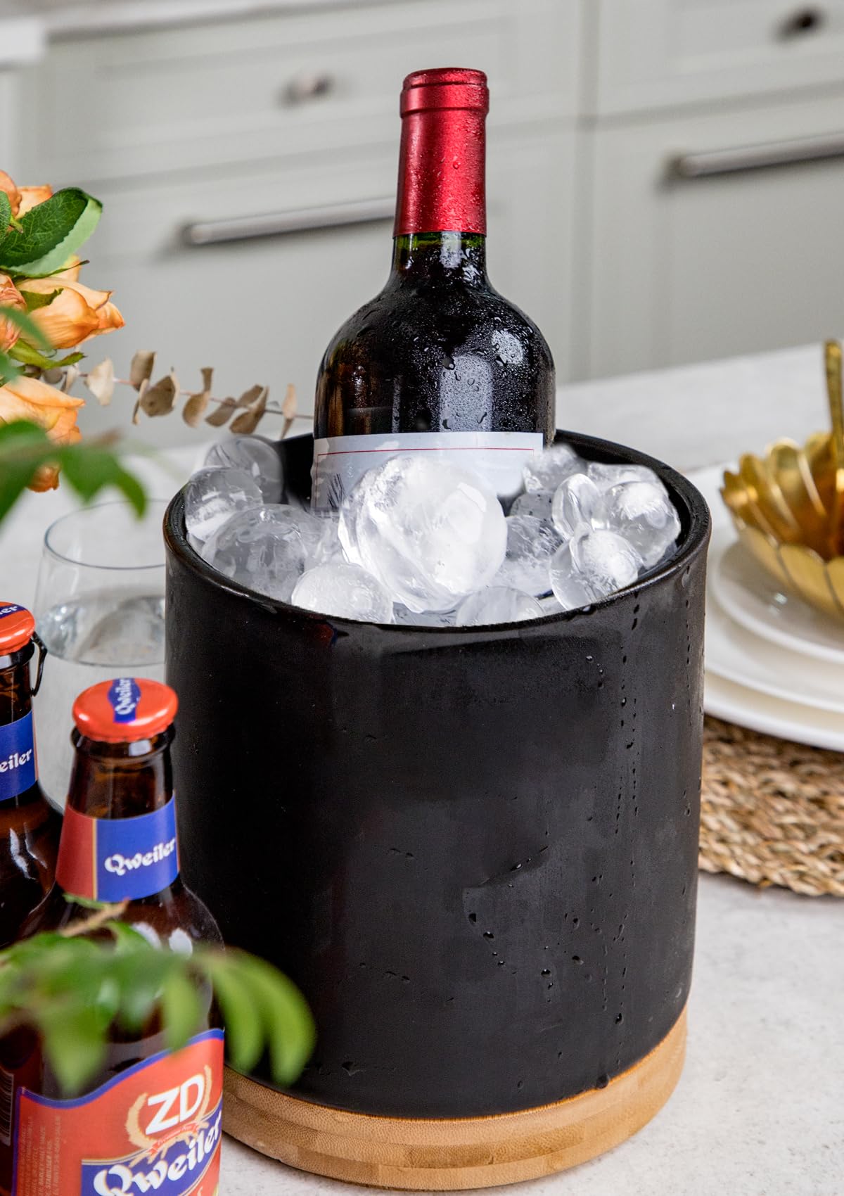 Nucookery 360° Rotating Utensil Holder, 7.2" Large Utensil Crock, White Ceramic Cooking Utensil Organizer with Countertop-Protection Cork Bottom for Farmhouse Kitchen Decor Gift (Black) Nucookery