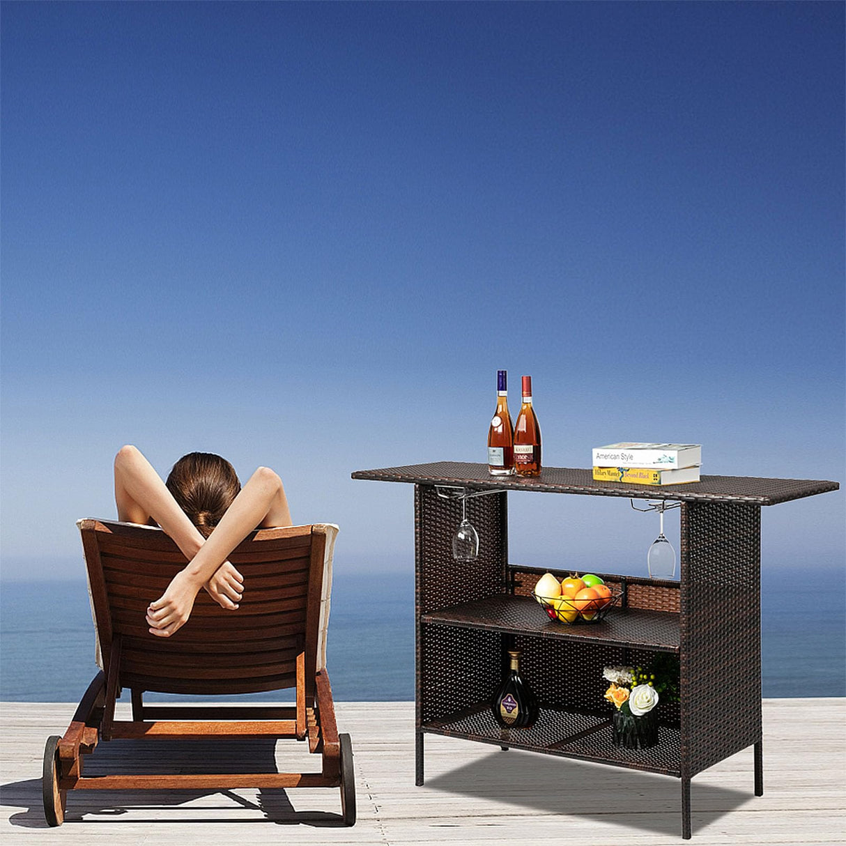 Outvita Patio Rattan Bar Table, Wicker Counter bar Table with 2 Layer Shelves and Wine Racks for Poolside, Backyard, Garden, Porches Brown Outvita