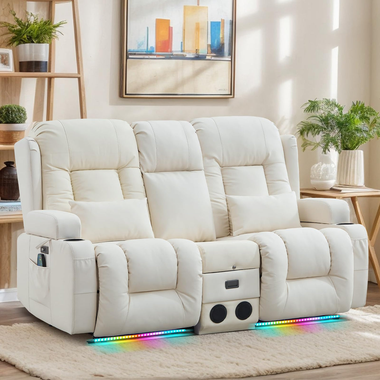 SENIFIS Loveseat Recliner Sofa, Leather Sofa with Massage & Heating, Home Theater Seating Power Reclining Loveseat with Outlet/LED Light/Cup Holders/Speaker/USB (Beige, Loveseat with Console) SENIFIS