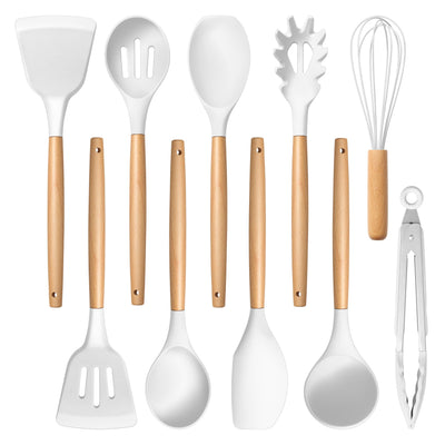 E-far Silicone Cooking Utensils Set, 446℉ Heat Resistant 10PCS Kitchen Utensils Set with Wooden Handle for Nonstick Cookware, Kitchen Tools Spatula Whisk Tongs Ladle, Non-toxic & Healthy, White