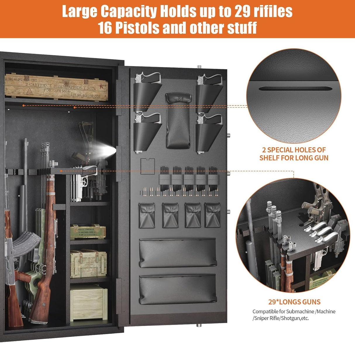 Large Rifle Safe, 30-40 Gun Safe for Rifle and Shotgun/Rifle Pistol Rack/Storage Pocket/Removable Shelf/Silent Mode/External Battery/LED/Key,180° Open Door Panel Organizer Unassembled Gun Safe TTSITG