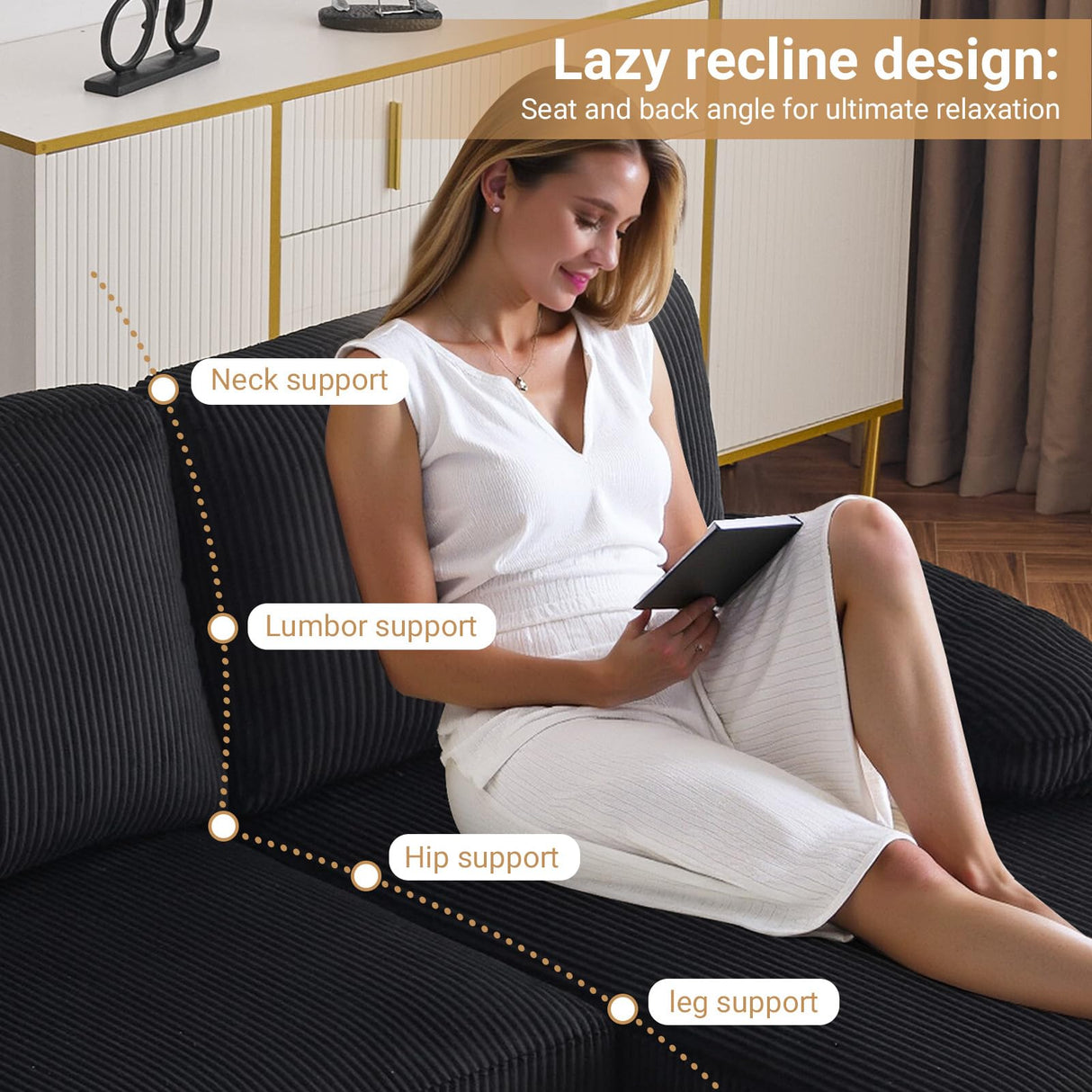 VINGLI 110" Sectional Couches for Living Room,U Shaped Couch with Double Chaise, 4-Seat Sofa Set with Corduroy Fabric for Home Furniture,Black VINGLI