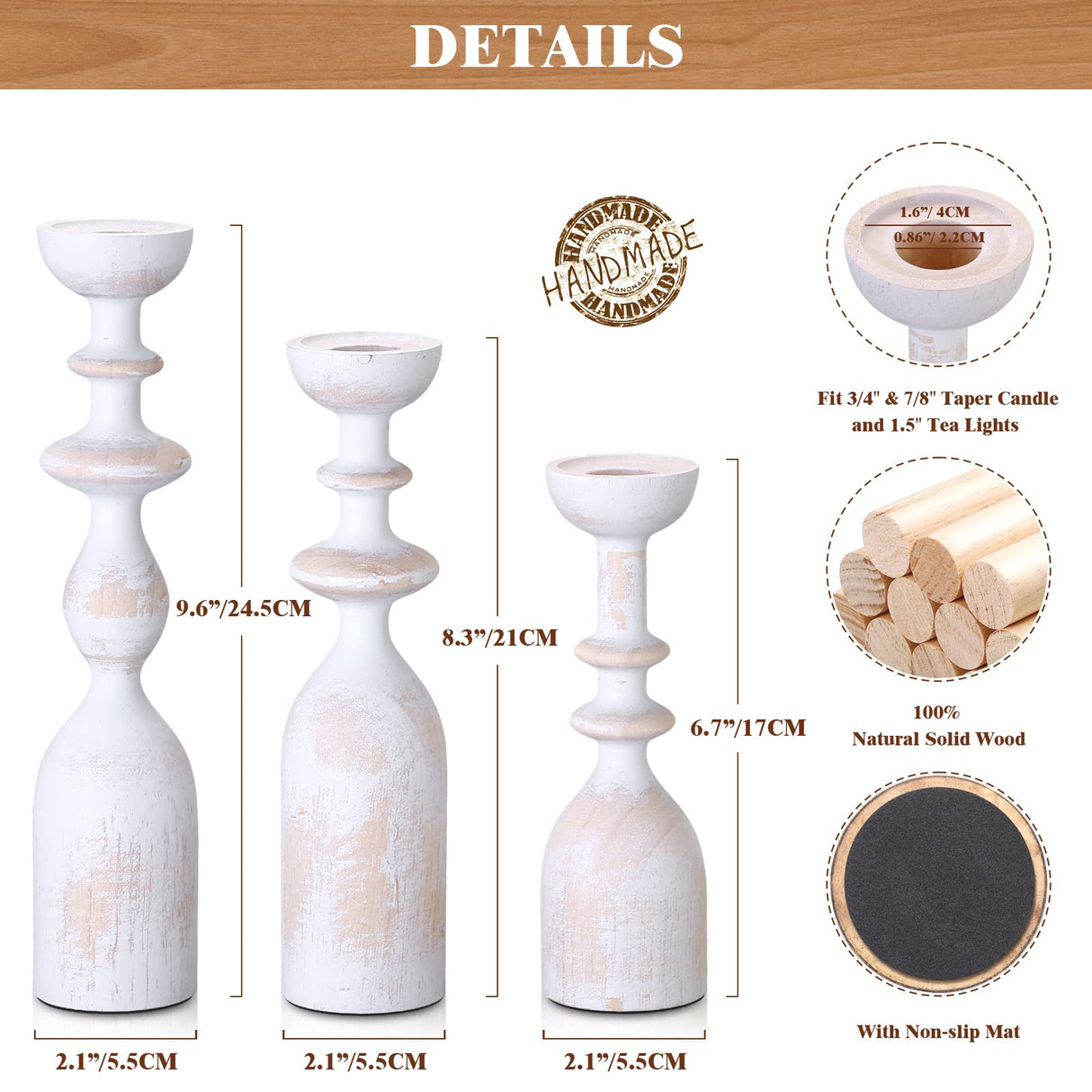 HOWSILAY Wood Candle Holder Candlestick Holders for Table Centerpiece - Rustic Farmhouse Decor Candle Stand fits 3/4" or 7/8" Taper Candle&Dia 1.5" Led Tea Lights or Pillar Candles(White) HOWSILAY