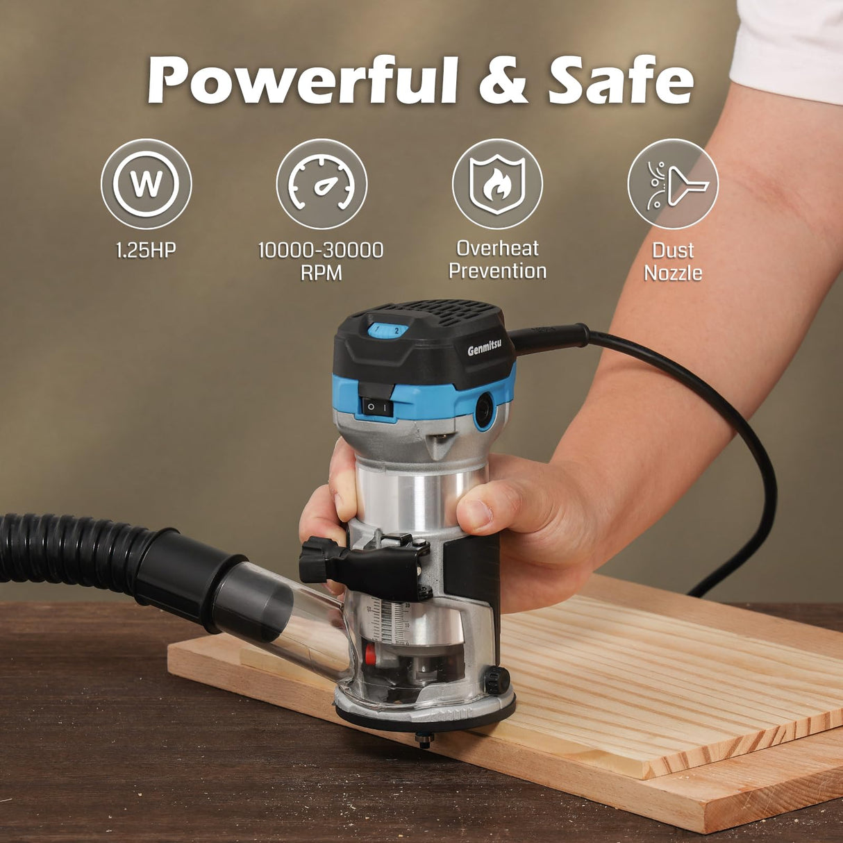 Genmitsu 1.25 HP 65mm Diameter Palm Trimmer Router, Compact Router Wood Tool With Fixed Base, 6 Variable Speeds 10000-30000 R/MIN, with 1/4“ Collet, Perfect for CNC Woodworking & DIY Project Genmitsu
