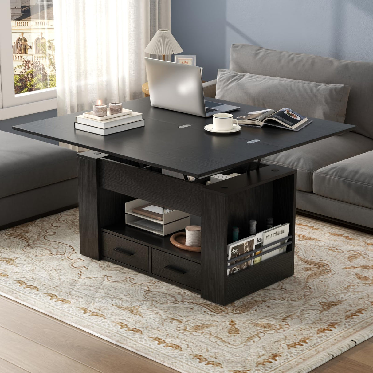 Lift Top Coffee Table, 4 in 1 Multi-Function Coffee Table with Storage Shelf and Hidden Compartment, Center Table with Large Drawers, Converts to Dining Table for Living Room, Home Office (Black) Gyfimoie