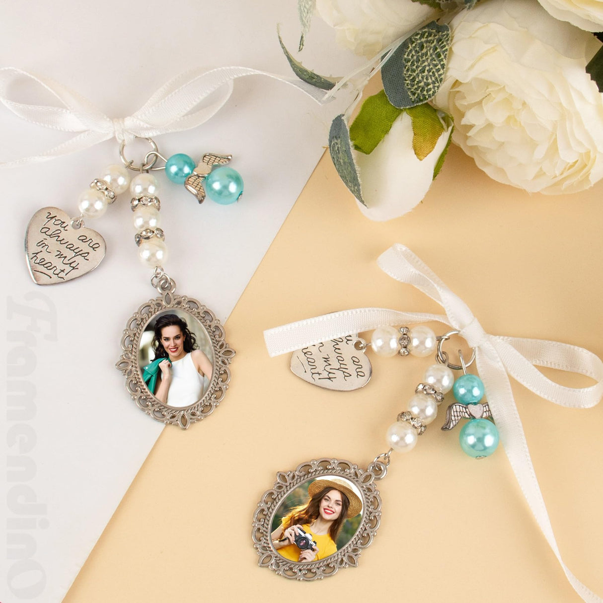 Framendino, 4 Pack Sublimation Blank Bouquet Photo Charms for Wedding Memory Bridal Bouquet Picture Charm Bouquet Memorial Charm DIY Jewelry Making 1 Sheet Round Framendino