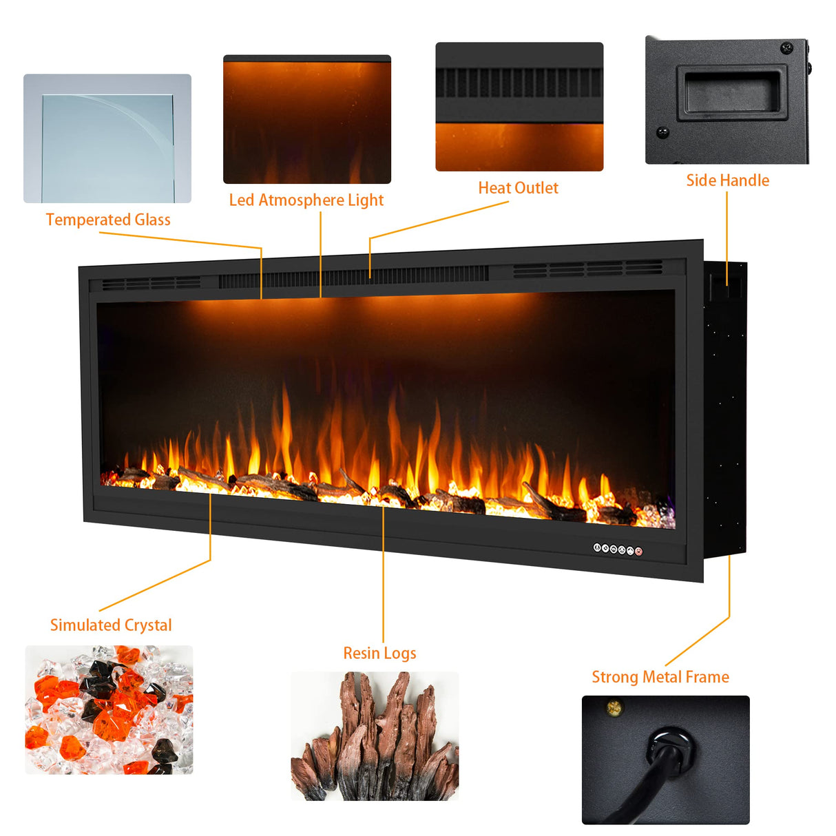 Dreamflame Electric Fireplace 74 inch, Recessed Wall Mounted Fireplace Heater, Logs & Crystal, Multicolor Flame Combinations, Overheating Protection, Black (74") Dreamflame