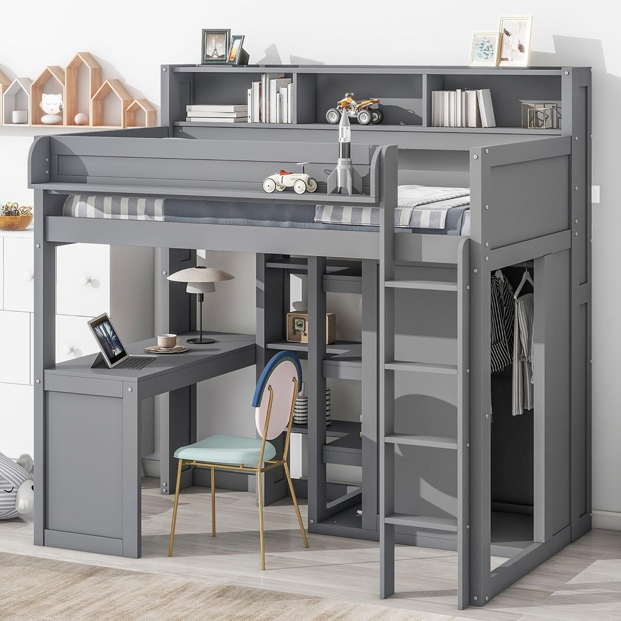 MERITLINE Twin Loft Bed with Desk and Storage Wardrobe & Shelves, Solid Wood Loft Bed Frame with Storage Shelves Bookcase Bookshelf for Teens Adults (Gray,Twin) MERITLINE