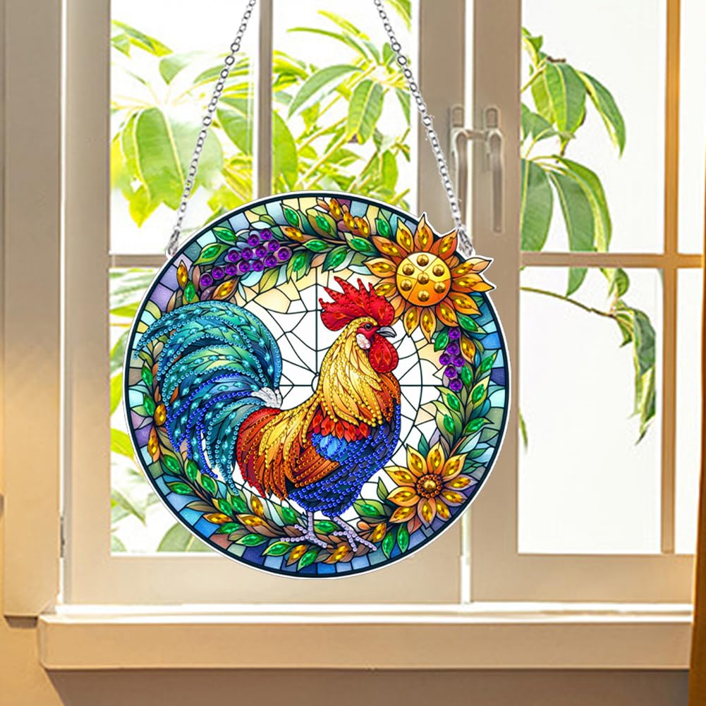 Ceitura 5D DIY Sunrise Rooster Diamond Art Painting Dots Pendant Stained Glass Rhinestone Diamond Art Window Pendants for Garden Window Decor C'eitura