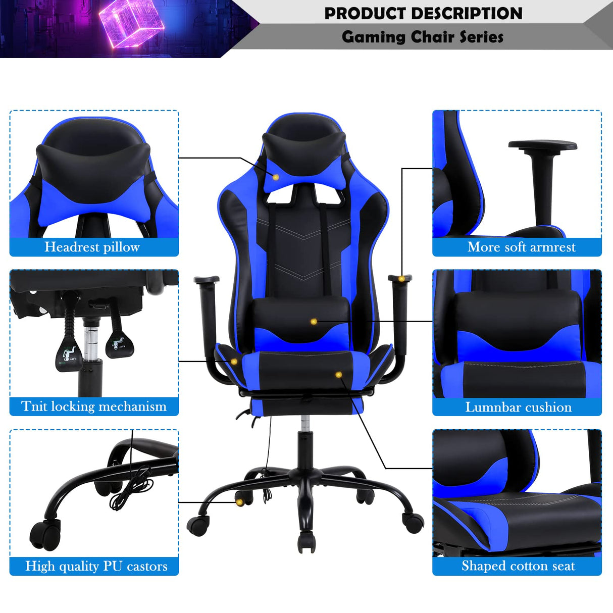 Gaming Chair, Height Adjustable Swivel Rolling Chair with Headrest Footrest and Massage Lumbar Support, PU High Back Ergonomic PC Chair for Office or Gaming, Office Gaming Chair Haiput Wam