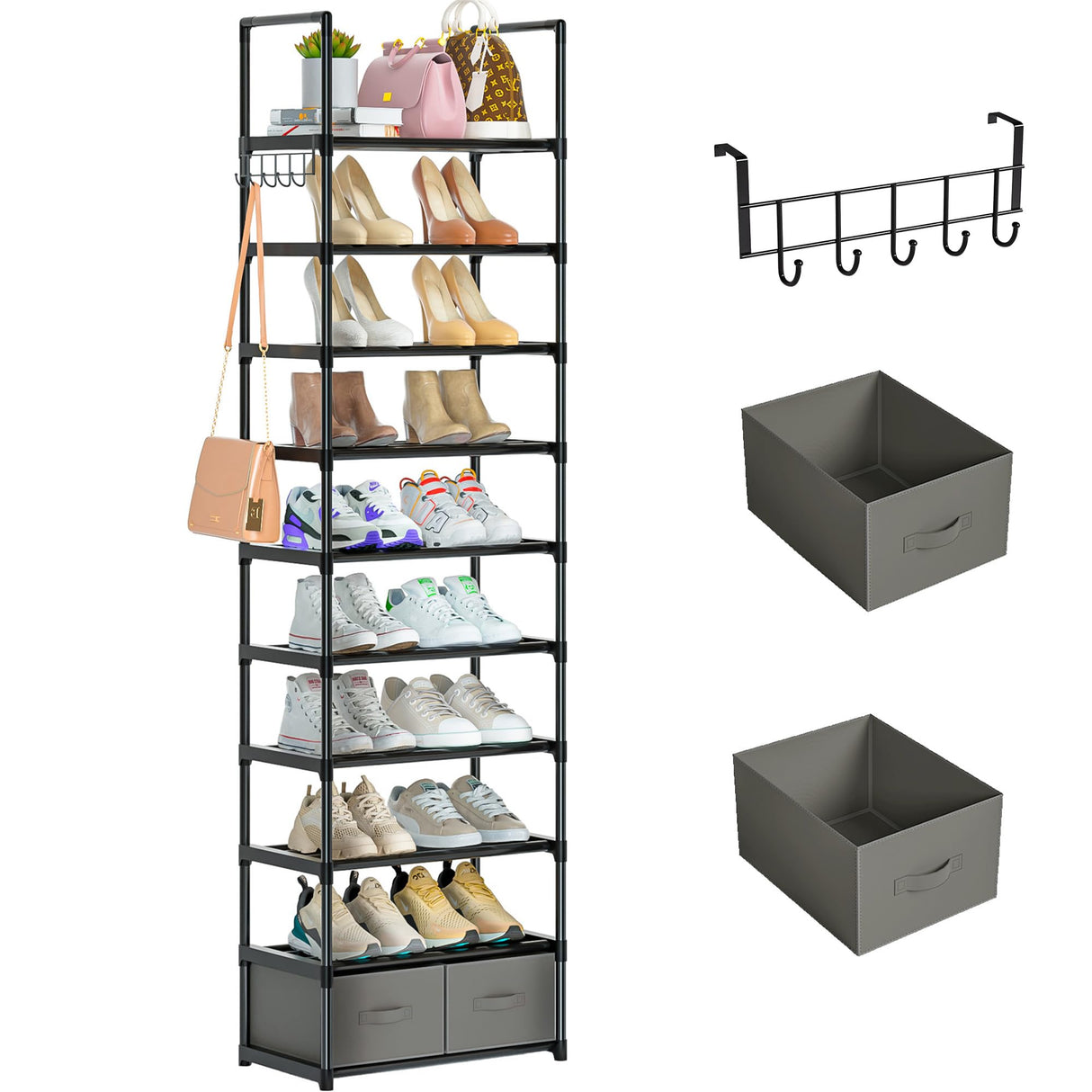 OYREL Tall Shoe Rack Narrow 10 Tier Shoes Rack 20 25 Pairs, Shoe Storage Organizer for Closet, Sturdy Metal Shoe Shelf Shoe Stand with 2 Boxes 1 Hook OYREL