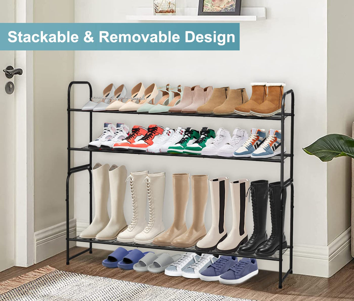 AOODA Long 2 Tier Shoe Rack for Closet Metal Wide Stackable Shoe Storage Organizer for Entryway, Bedroom, Floor, 18-Pairs Low Shoe Shelf, Black AOODA