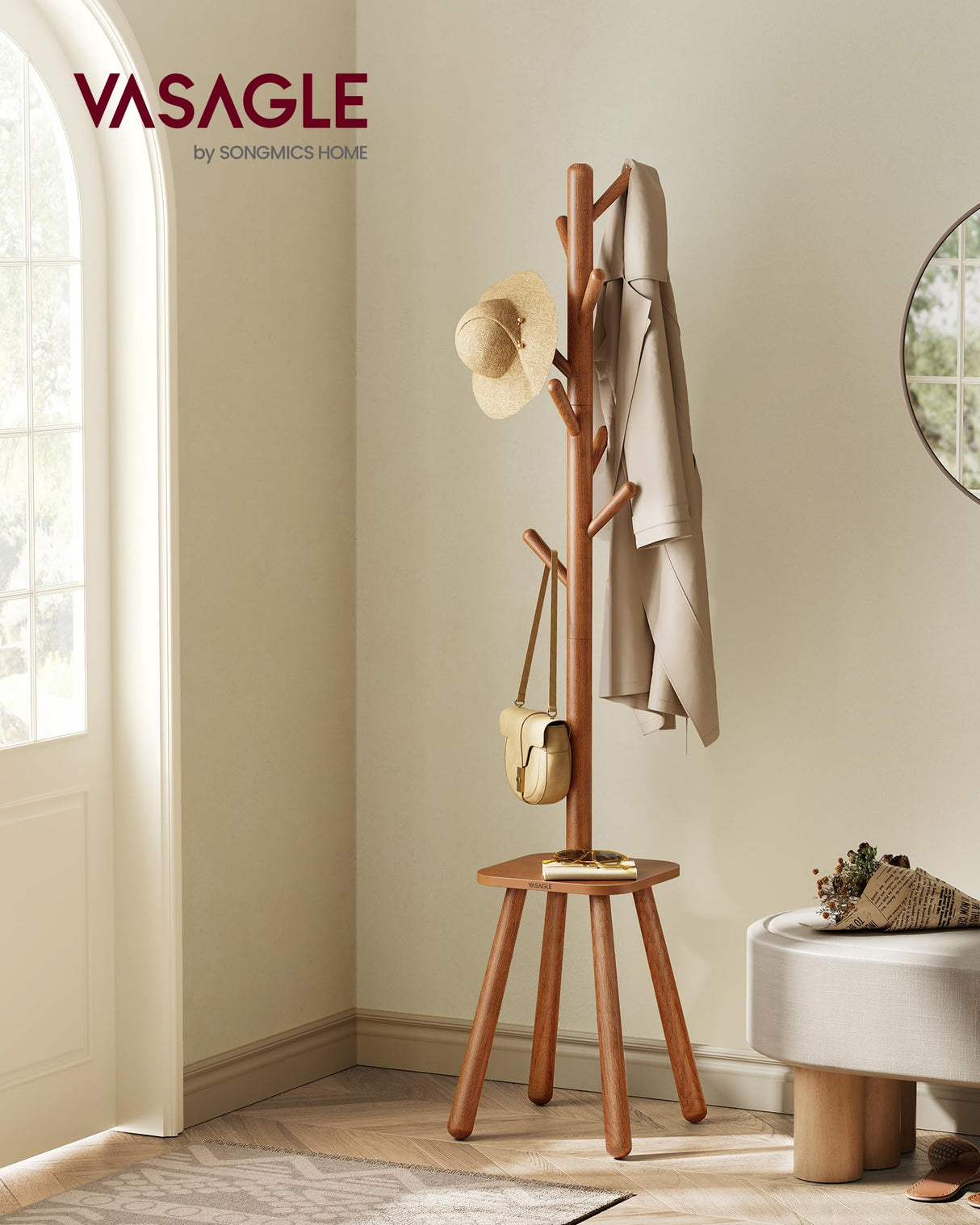 VASAGLE Coat Rack, Free Standing Coat Stand, Hall Coat Tree with 8 Hooks and Storage Shelf, 67.1 Inch Tall, for Coats, Hats, Bags, for Entryway, Hallway, Bedroom, Caramel Brown URCR033K01 VASAGLE