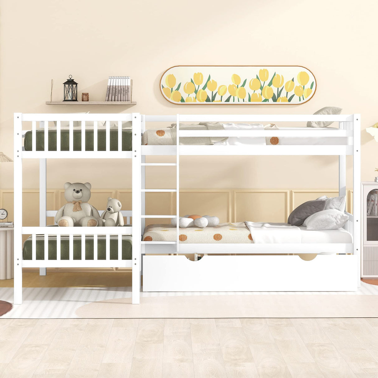 L-Shaped Quad Bunk Bed, Four Bunk Bed Twin Over Twin with Angle Ladder,Wooden Corner 4 Bed Bunk Bed Compatible with, Teens, Adults, No Box Spring Needed (Twin, Grey) Bedroom Bed Frame,(White,Quad Bu SDRNKA