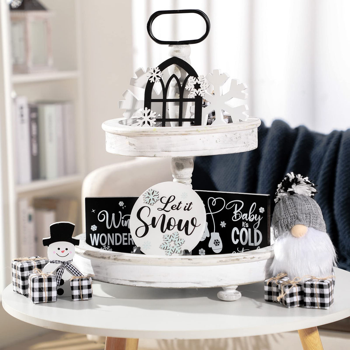 Yalikop 10 Pieces Christmas Farmhouse Winter Decor for Tiered Tray, Rustic Wooden Farmhouse Table Signs for Home Table Decoration Gift, Snowflake Style Yalikop