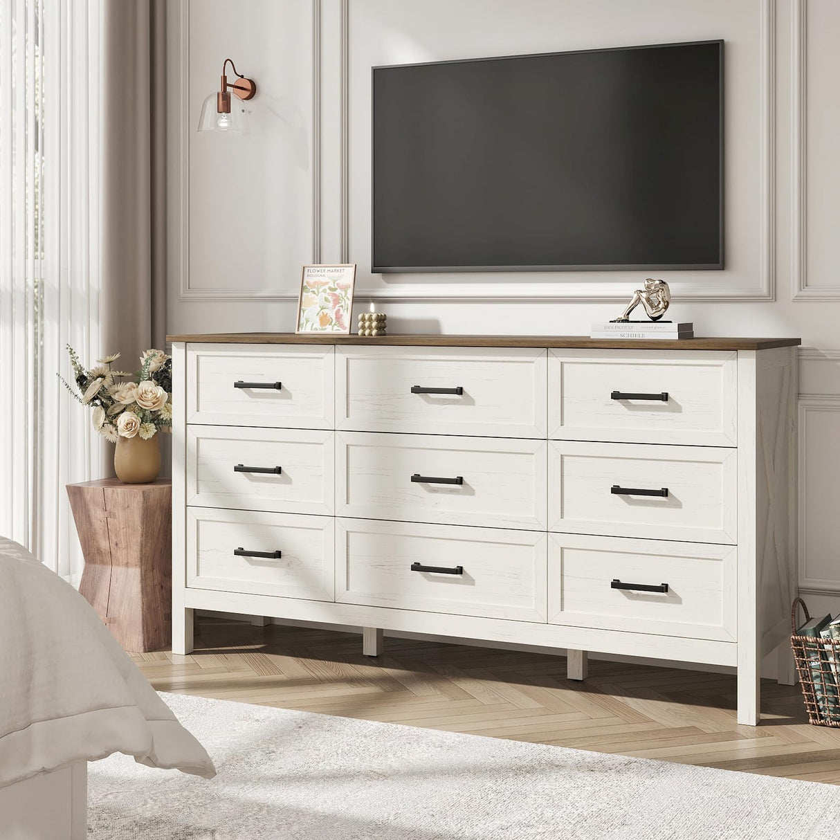BAZELOR Farmhouse 9 Drawers Dresser for Bedroom, Modern Dresser with Metal Handle, Natural Texture, Wood Rustic Chest of Drawers for Bedroom,Living Room,Hallway and Entryway, Antique White BAZELOR