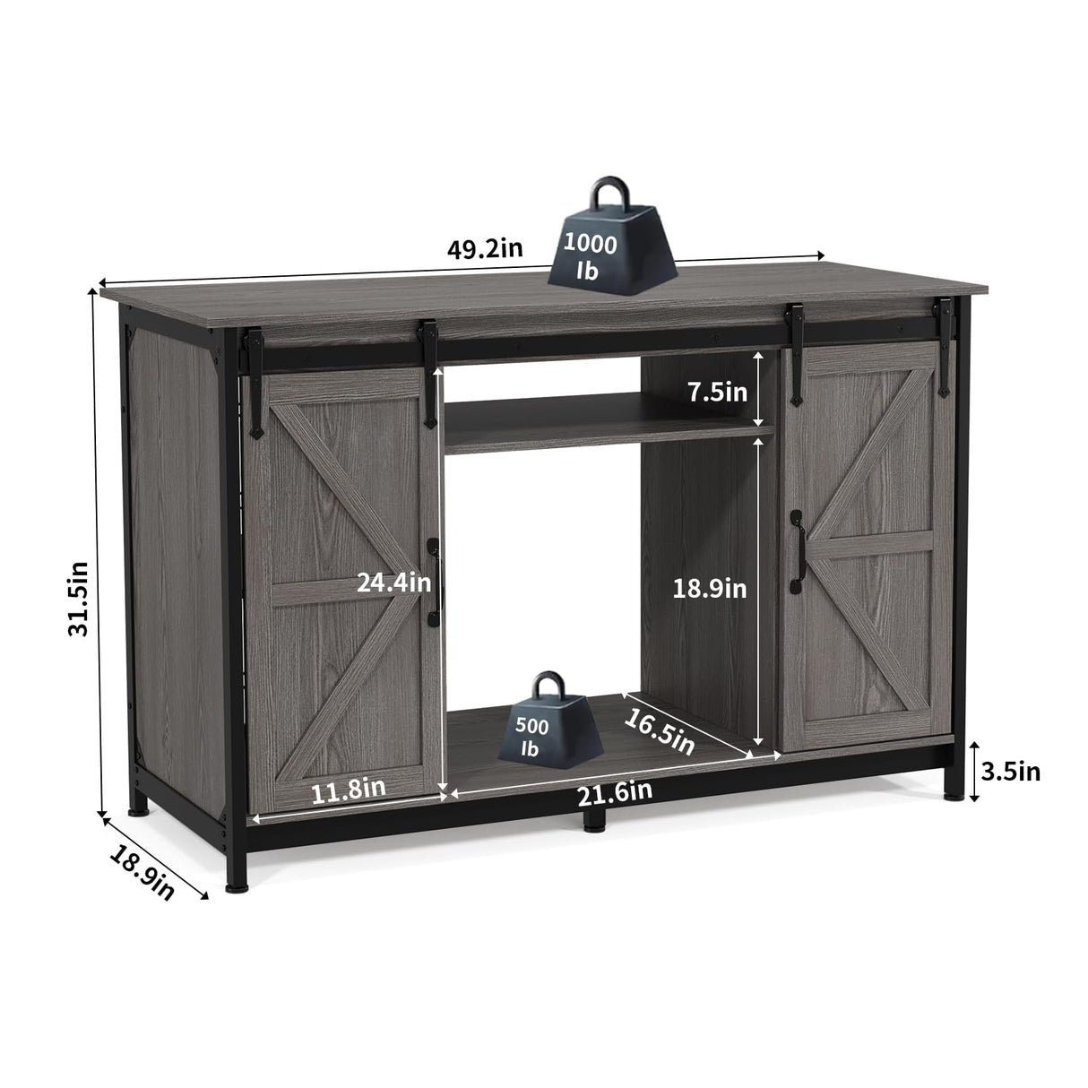 VOWNER Farmhouse 55-75 Gallon Fish Tank Stand with Power Outlet, Aquarium Stand with Storage Cabinet and Sliding Barn Door, Heavy Duty Reptile Tank Stand, for 2 Tanks, 1000LBS Capacity, Grey VOWNER