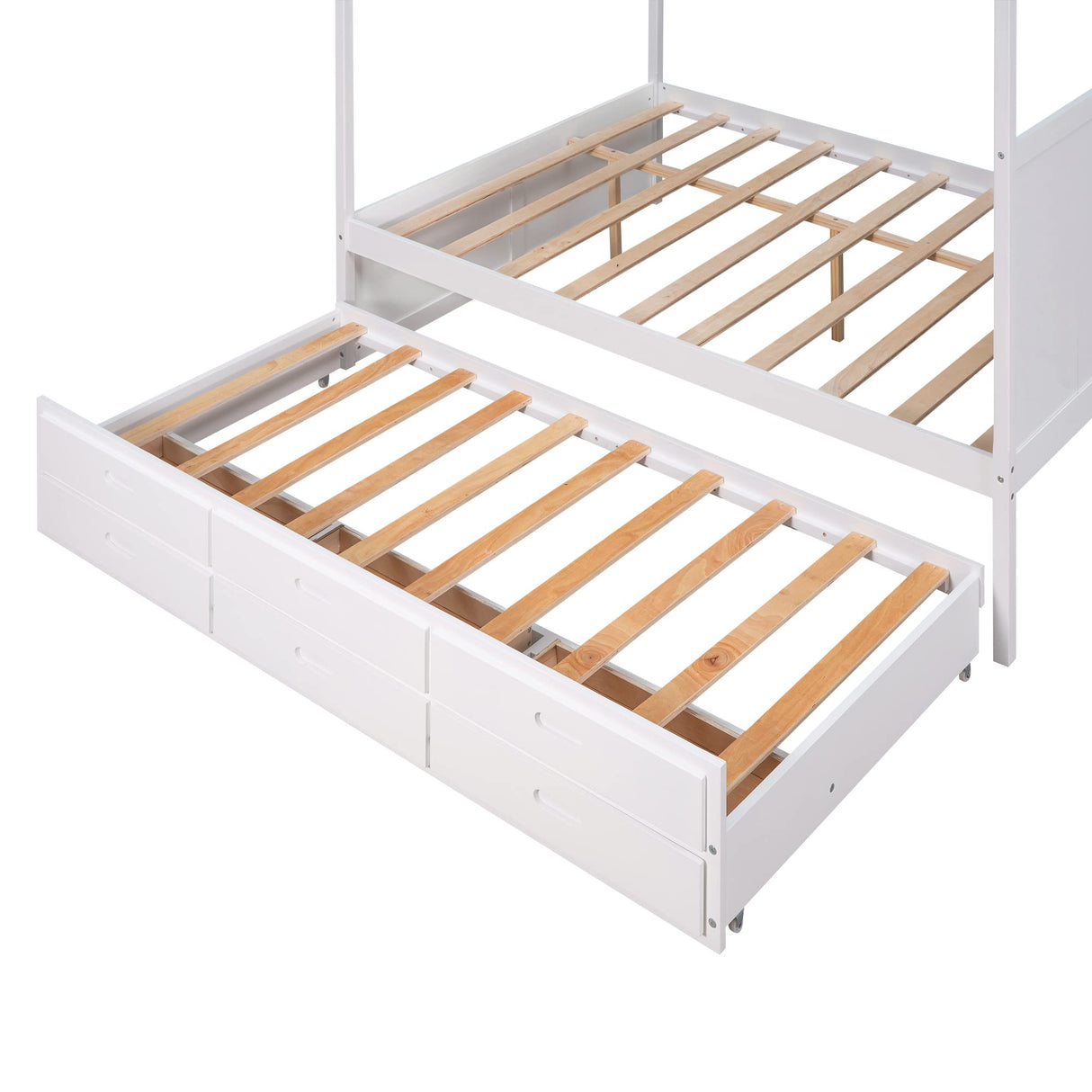 Polibi Queen Size Canopy Platform Bed with Twin Size Trundle, Wooden Daybed Frame with 3 Storage Drawers, White Polibi