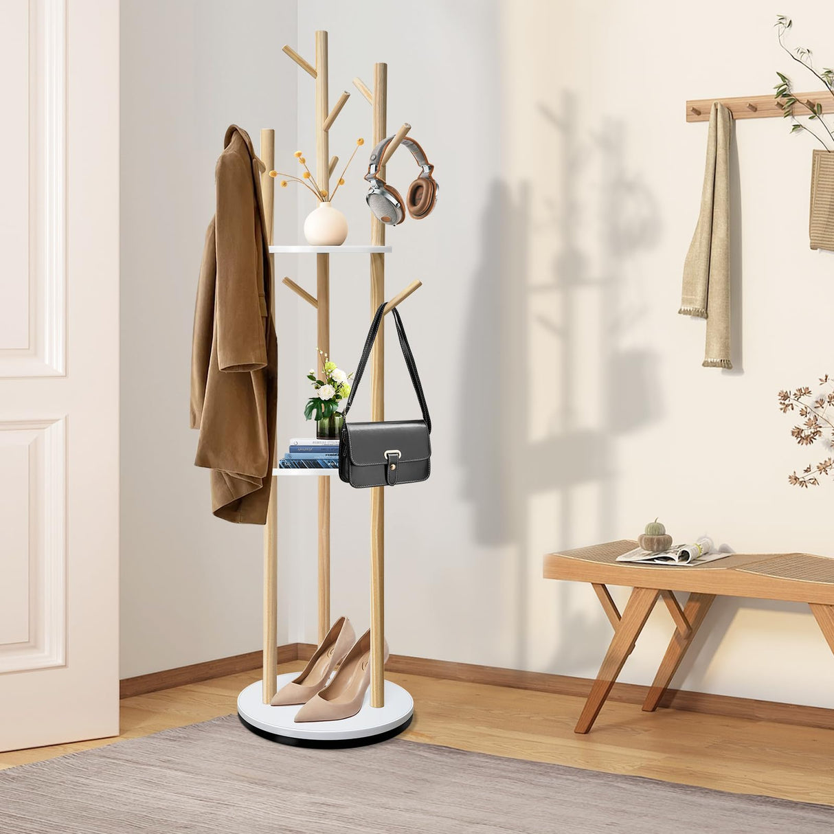 LIWSHWZ Solid Wood Coat Rack,Rotary Coat Rack Freestanding with 3 Shelves and 9 Hooks,Sturdy and Easy to Assemble Coat Tree for Entryway, Bedroom, Coats, Bags(Natural) LIWSHWZ