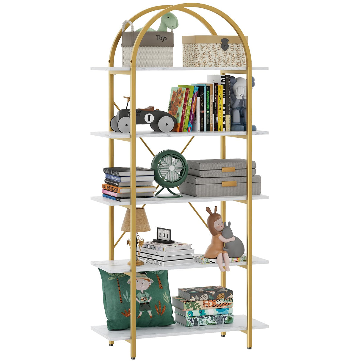 Arbuxzuy Arched Bookshelf 5 Tier Book Shelf, 31.5 Inch Width Industrial Arch Bookcase, Curved Tall Bookshelf with Open Shelves for Home Office, Living Room, Bedroom, Gold Arbuxzuy