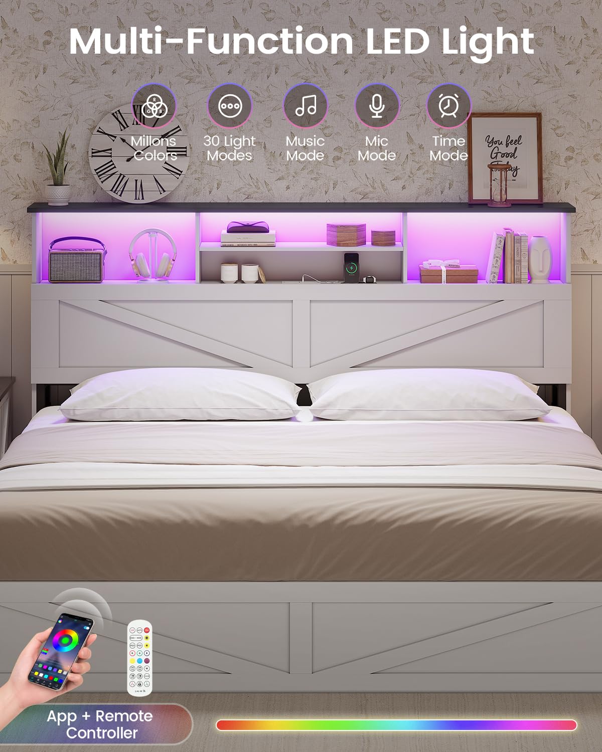 AOGLLATI Farmhouse King Bed Frame Bed Frame with 4 Storage Drawers and Led Lights, Wooden King Bed with Hidden Space Bookcase Headboard and Led Lights, White AOGLLATI