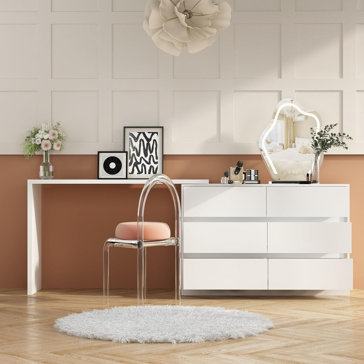 Hitow 6 Drawer Double Dresser with Makeup Vanity Desk, Deformable Wood Dresser Chest with Multifunctional Tabletop, Storage Chest of Drawers for Bedroom, White (51.2" W x 15.7" D x 31.5" H)