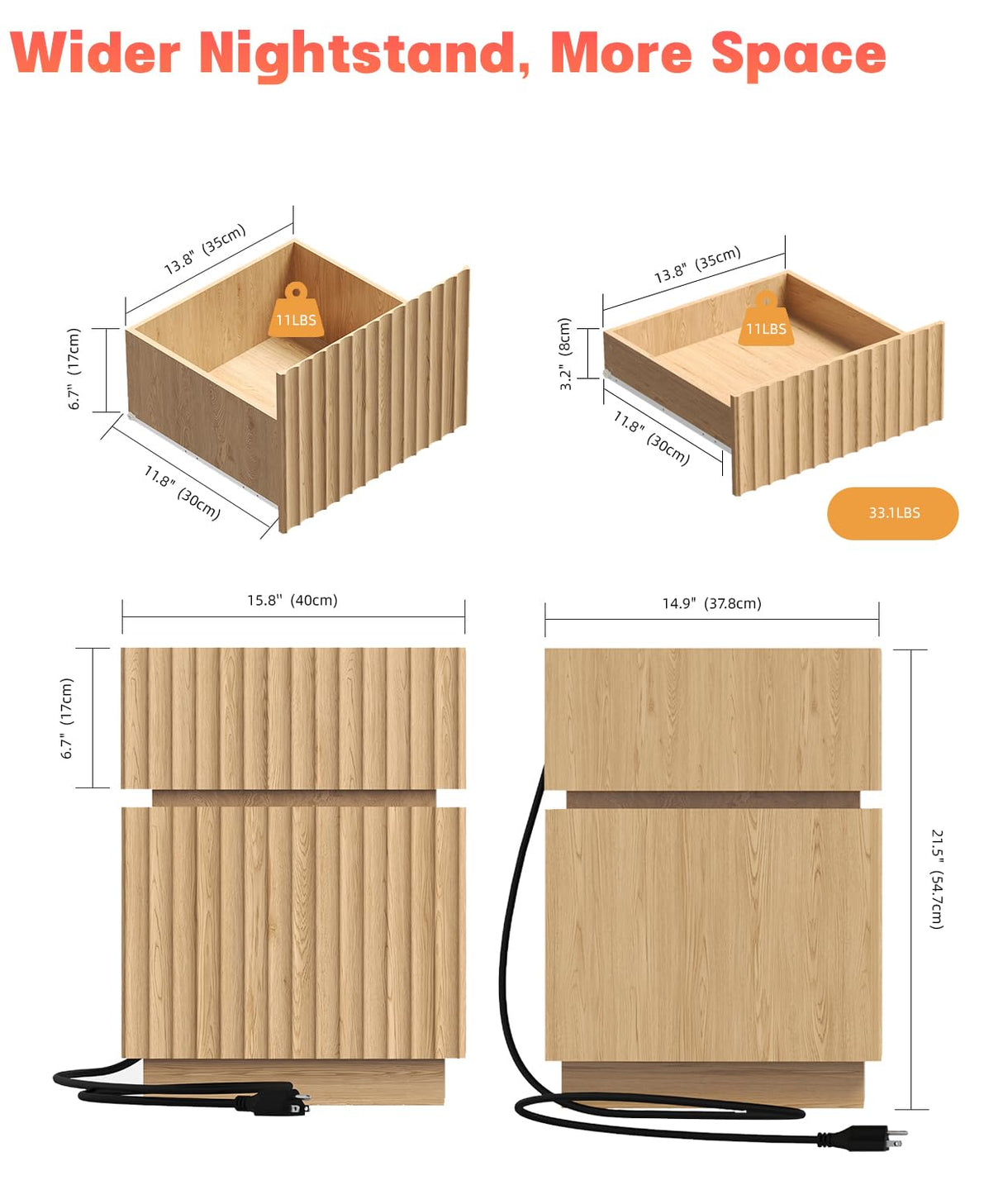 Irontar Fluted Nightstand with 2 Drawers & RGB LED Lights, Wooden Night Stand with Glass Top, Bedside Table with Charging Station, Modern End Side Table for Bedroom, Natural Oak BZZ012ME Irontar