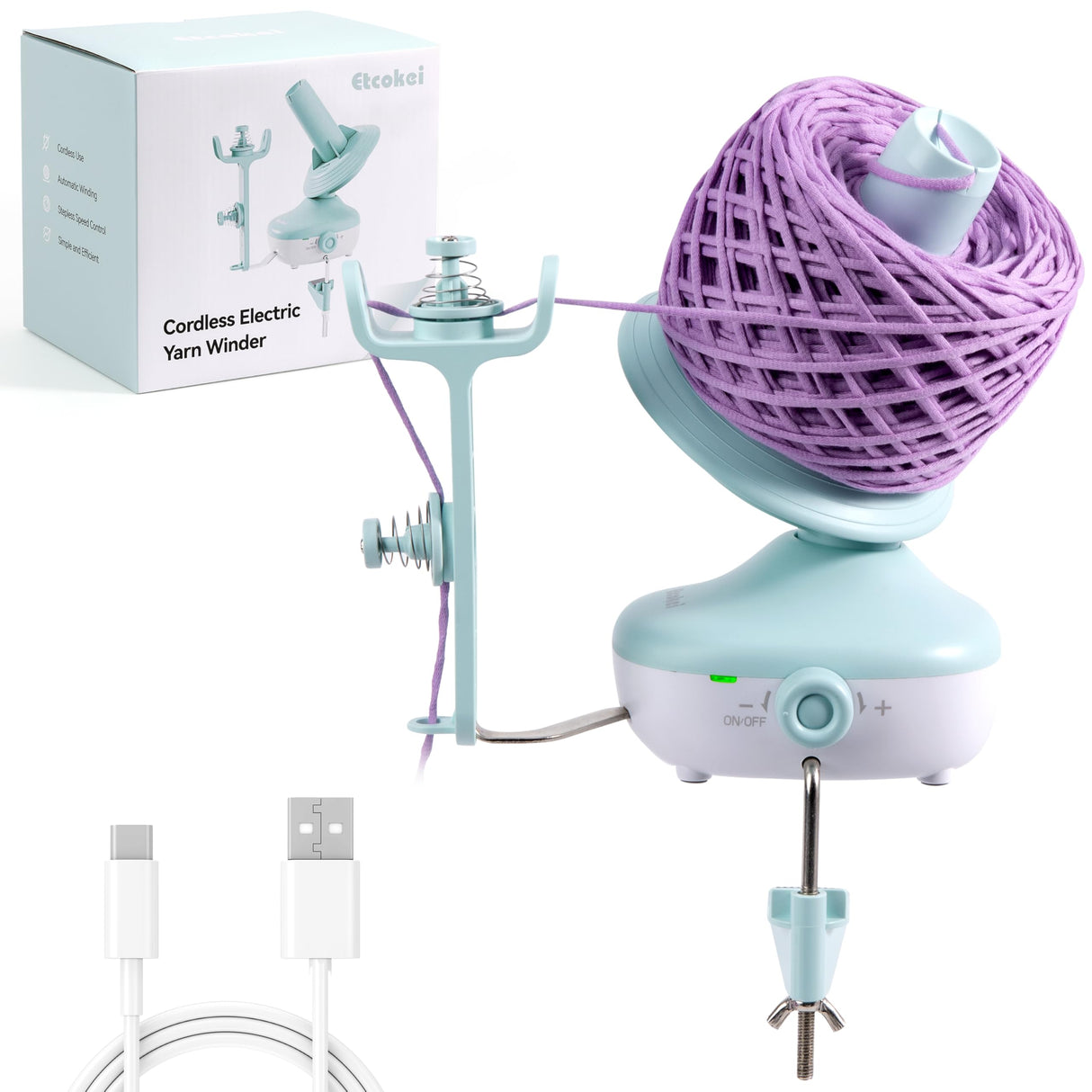 Etcokei Cordless Yarn Winder, Rechargeable Electric Yarn Ball Winder with 2200mAh Battery, Compact Yarn Cake Winder for Crocheting, Smart Automatic Yarn Spinner, Ideal Helper for Craft Lovers(Mint) Etcokei