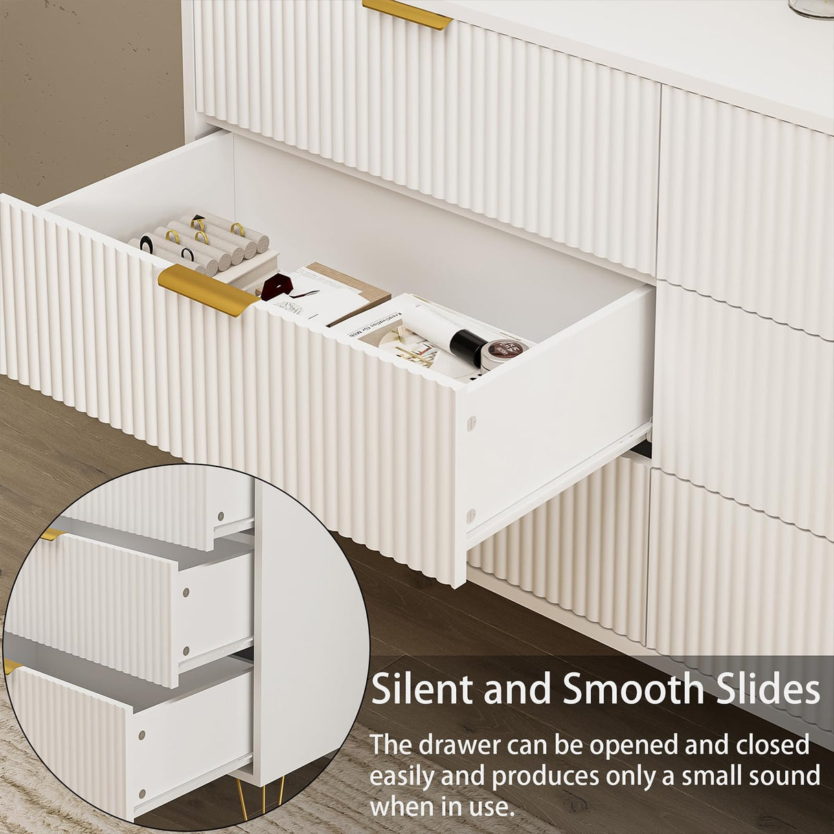 BAZELOR White 6 Drawer Dresser with Golden Handle, Fluted Wood Dressers, Modern Chest for Bedroom, Living Room, Hallway, Entryway BAZELOR