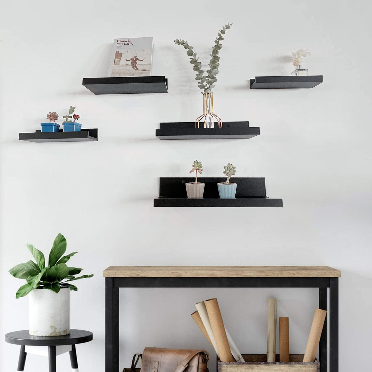 Art Emotion Black Floating Shelves | Set of 5 | Wall Shelf | Wood Bathroom Shelves | Bedroom | Living Room | Kitchen | Office & More (Black) Art Emotion