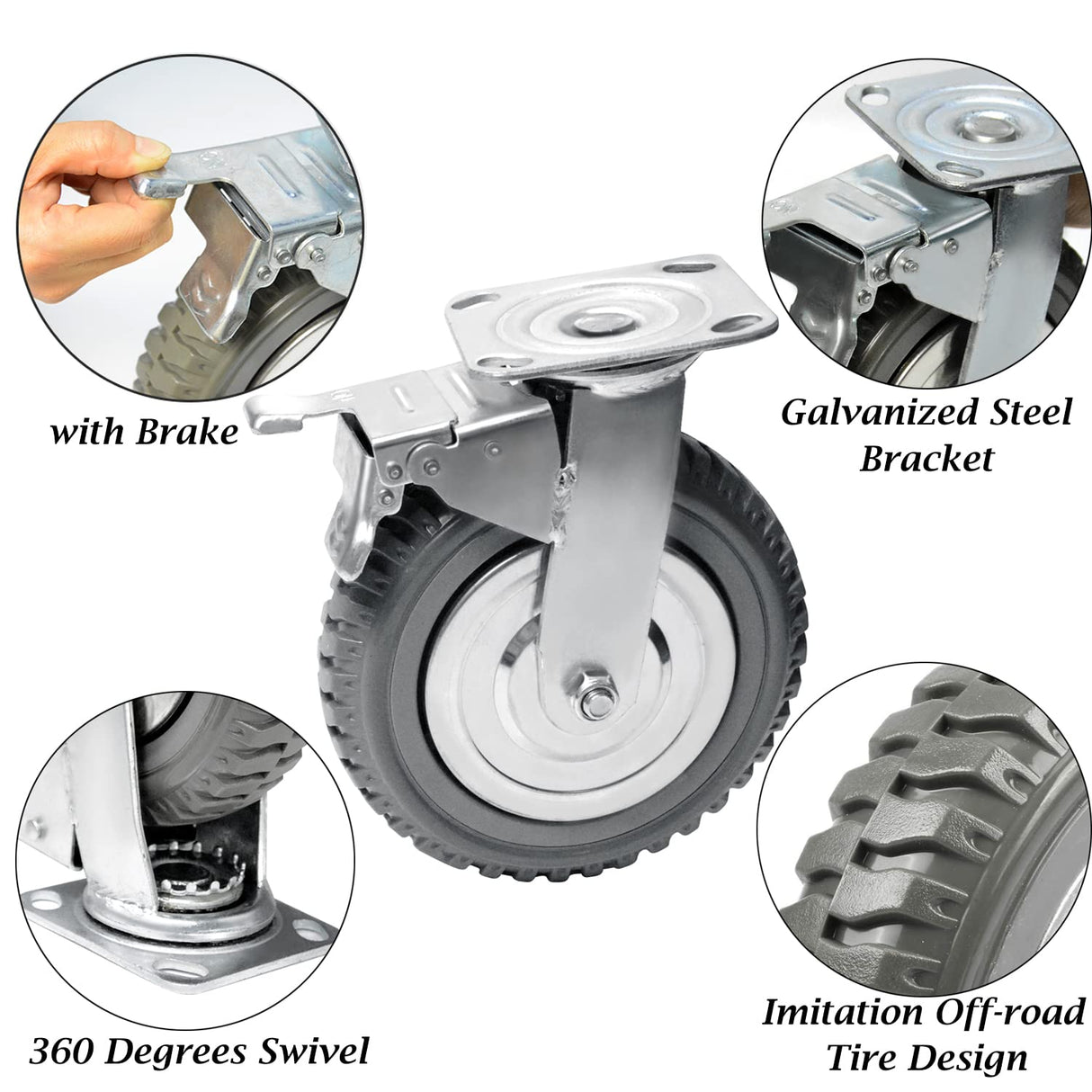 tonchean 8 Inch Caster Wheels Heavy Duty Polyurethane Offroad Casters Set of 4 Swivel Plate Casters with 2 Brake Industrial Locking Wheels, Load Bearing 2314lbs tonchean