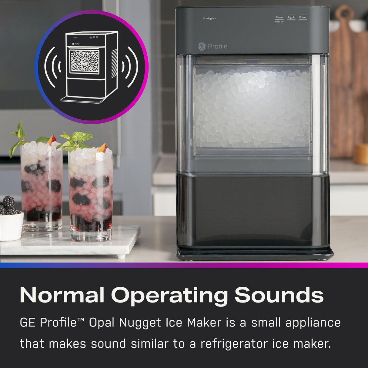 GE Profile Opal 2.0, Chewable Crunchable Countertop Nugget Ice Maker, Scoop included, 38 lbs in 24 hours, Pellet Ice Machine with WiFi & Smart Connected, Black Stainless Steel Profile