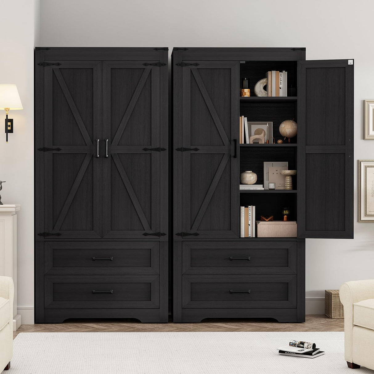 Quimoo 71" Farmhouse Tall Storage Cabinet with Barn Doors, Kitchen Pantry Cabinet with 2 Drawers & Adjustable Shelf, Pantry Storage Cabinet, for Kitchen, Living Room, Dining Room, Black Quimoo