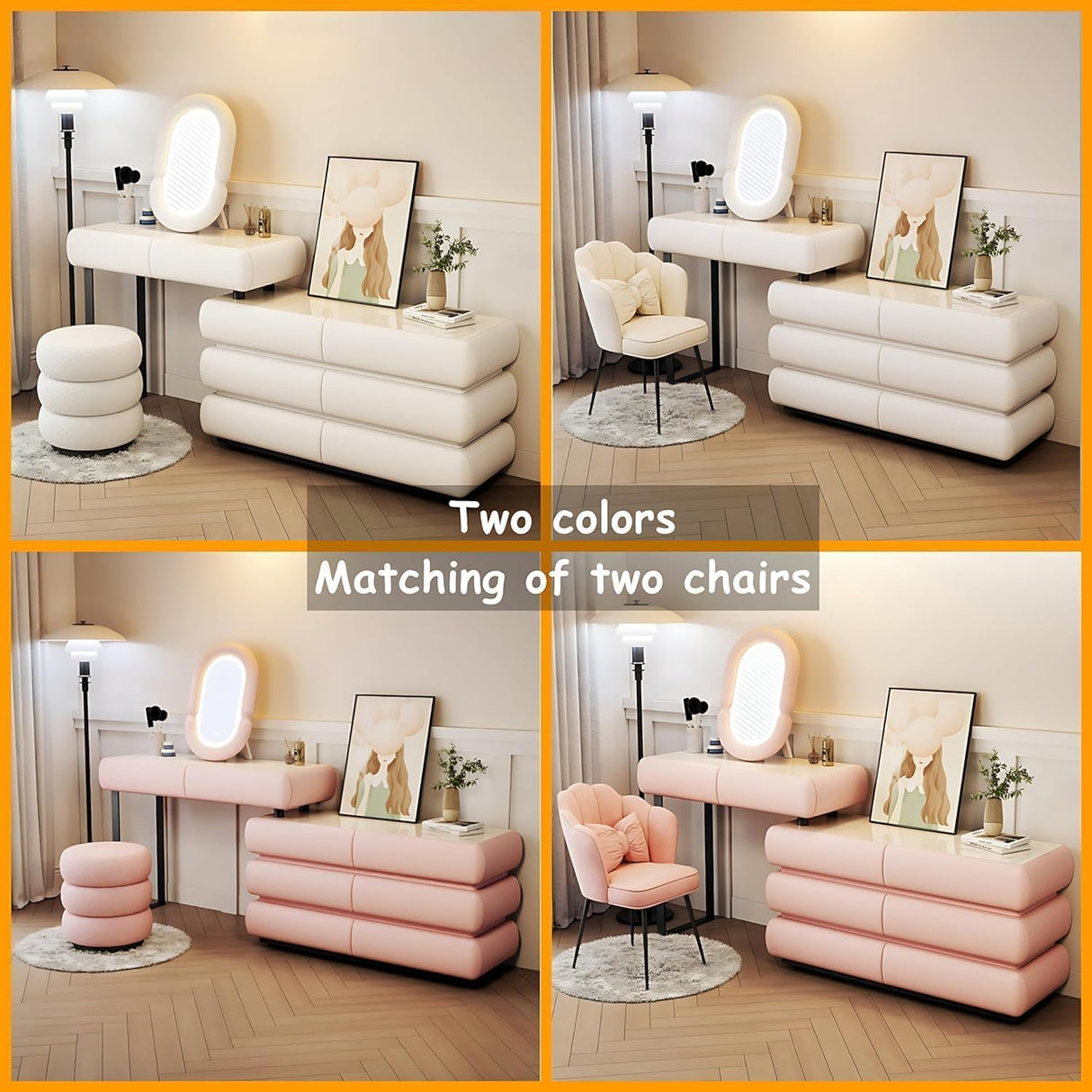 Pesnllov Vanity Set - Makeup Vanity Desk with Drawer & LED Makeup Mirror, Elegant Solid Wood Bedroom Vanity Table, Including Chair. (A-White, 47") Pesnllov