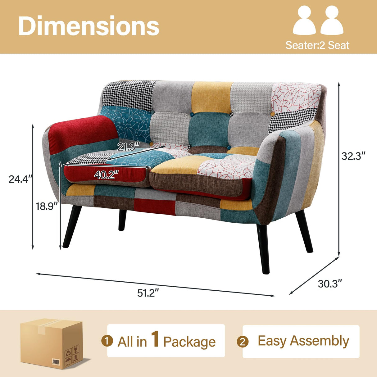 Bonzy Home Modern Boho Loveseat Couch Sofa Chair for Living Room Bedroom, Upholstered Colorful Plaid Fabric 2-Seat Love Seat Sofa with Wood Leg for Small Space, One Loveseat Bonzy Home