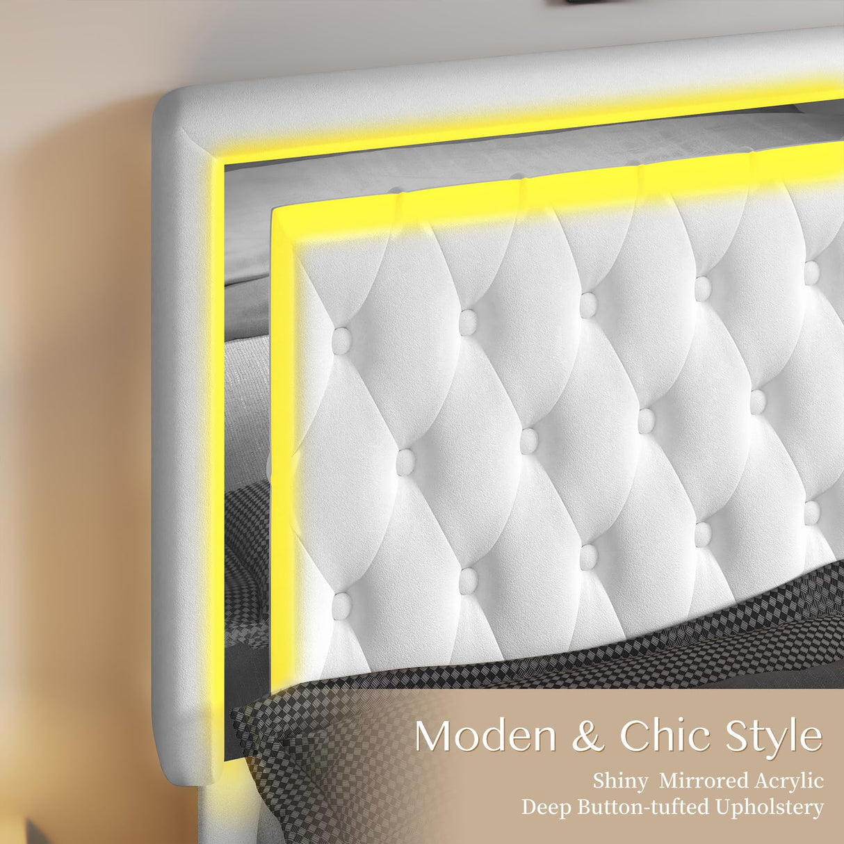 Jocisland Velvet Upholstered Queen Bed Frame with Adjustable LED Headboard & Footboard in White Jocisland