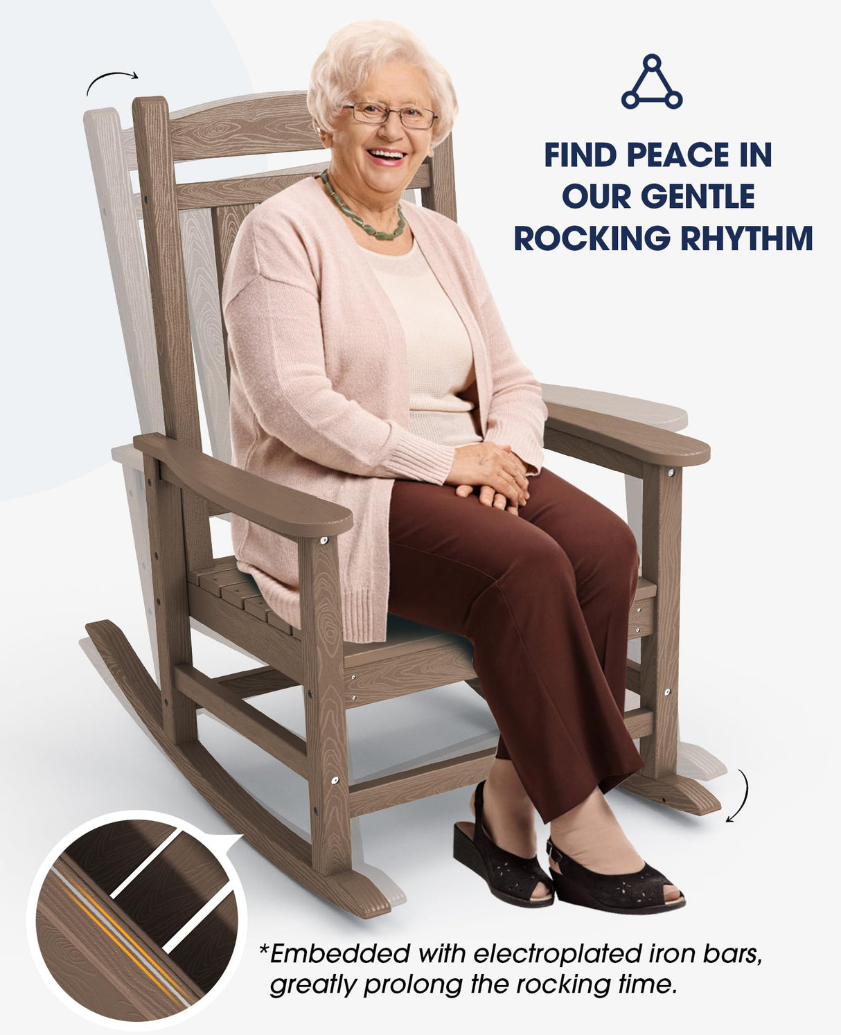 KINGYES HDPE Rocking Chairs Outdoor, Patio Rocking Chairs with 330lbs Support, Smooth Porch Rocker for Deck Lawn Yard, Brown KINGYES