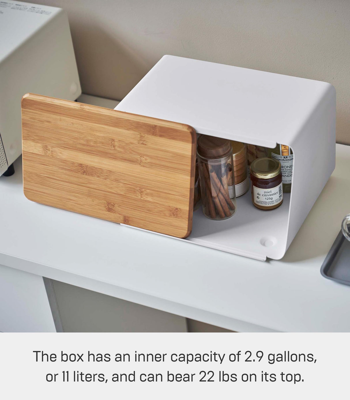 Yamazaki Home Metal Bread Box With Removable Bamboo Wooden Cutting Board Lid, Kitchen Storage Box YAMAZAKI