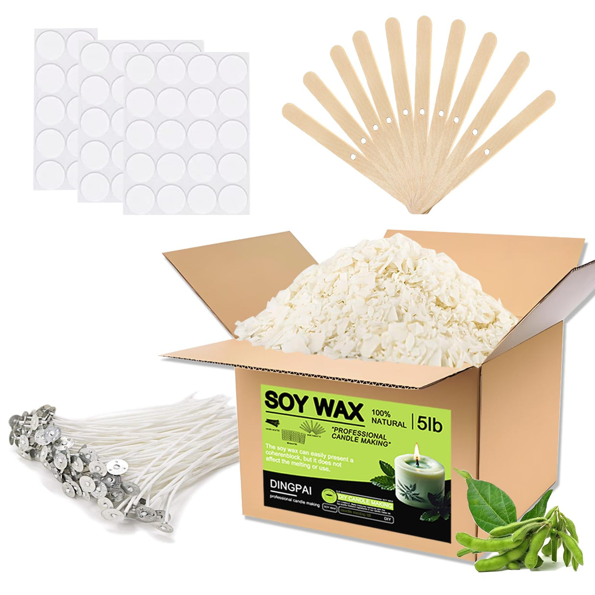 DINGPAI Soy Wax for Candle Making, 5LB Organic Soy Candle Wax Flakes Natural Candle Making Supplies,50 Cotton Wicks,50 Wick Stickers,10 Wick Holders DINGPAI