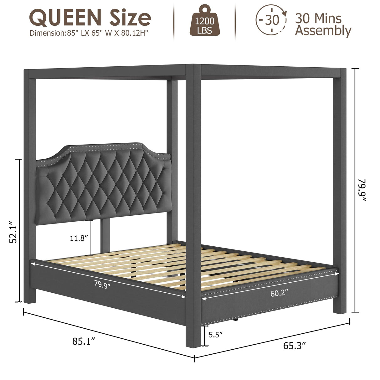 GAOMON Queen Canopy Bed Frame with Upholstered Headboard, Four Poster Design, Button Tufted, and Slide Rail, No Box Spring Required, Wooden Slatted Structure, Gray GAOMON