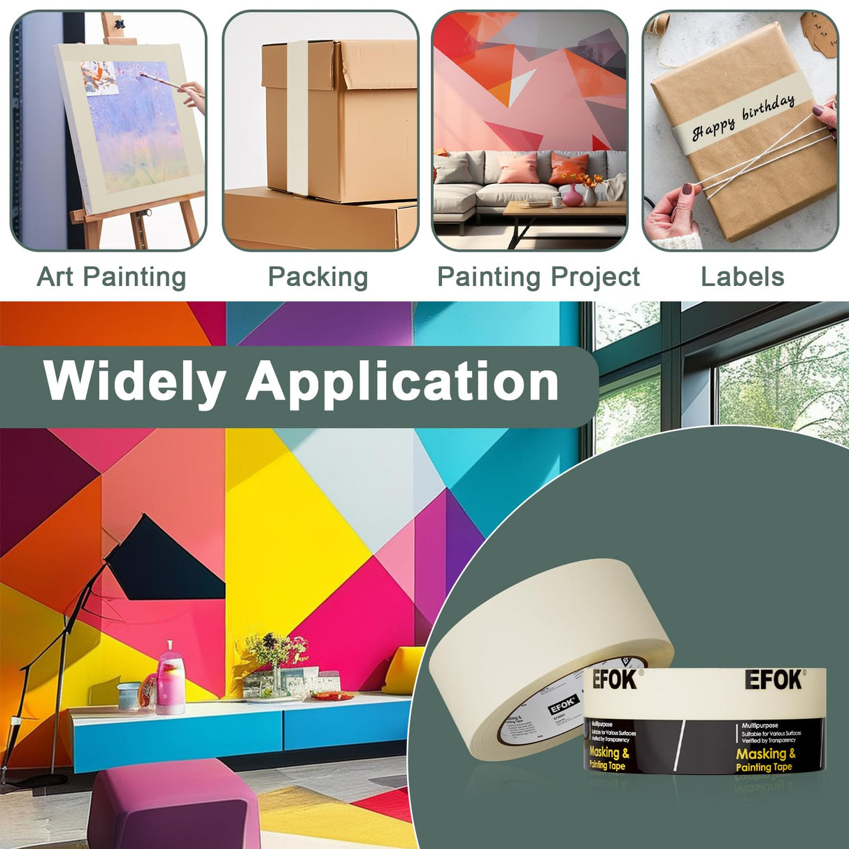 EFOK 10 Pack Masking Tape 2 Inch Wide Bulk, 2025 Upgrade White Painters Tape Anti-UV General Purpose, 1.88 Inch × 55 Yards Total 550 Yards EFOK