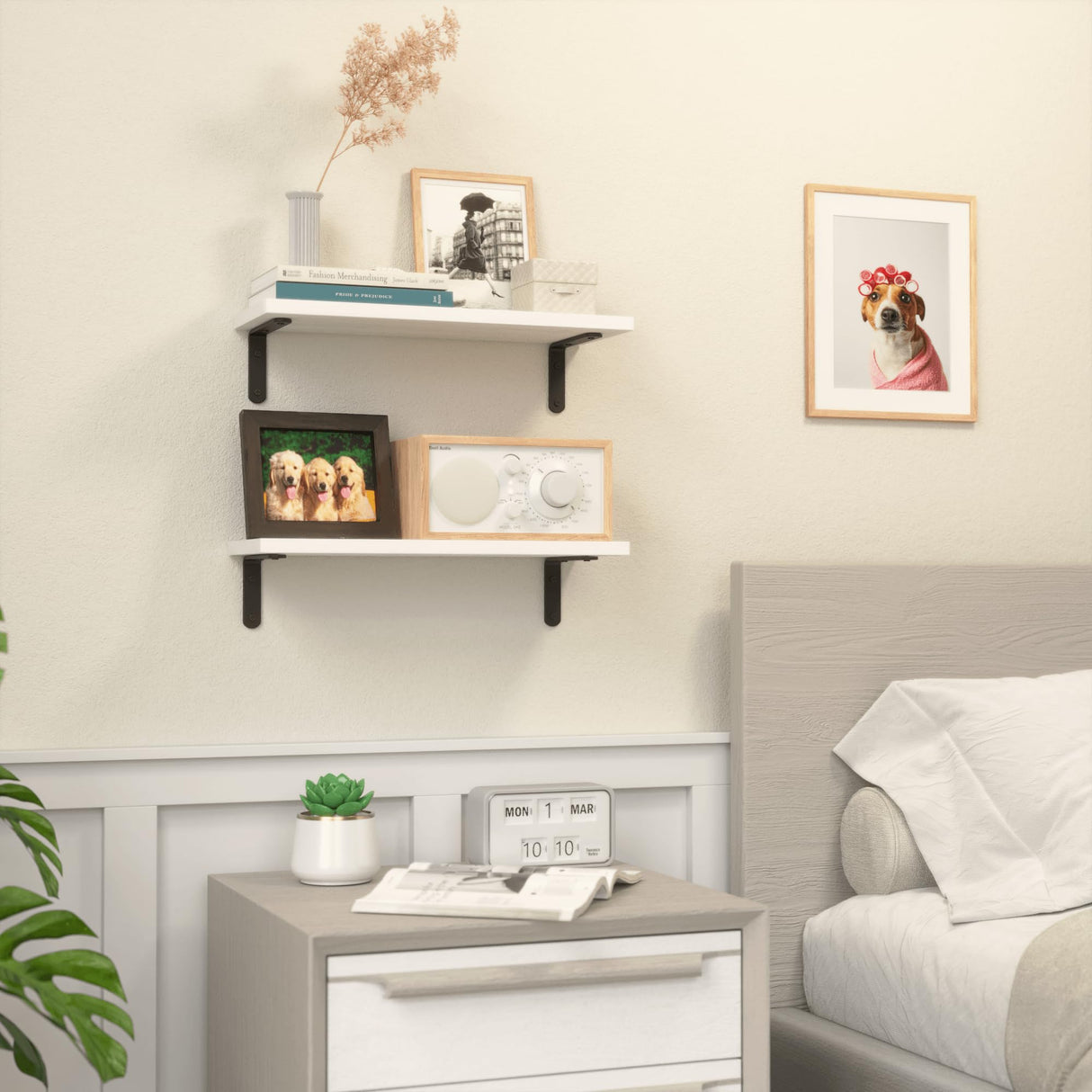 RICHER HOUSE Floating Wall Shelves, Rustic Wood Bathroom Shelves Set of 2, Farmhouse Style Shelf for Décor, Hanging Bedroom, Storage, Kitchen, Living Room - White RICHER HOUSE