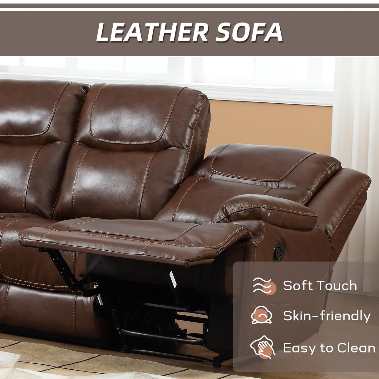 EBELLO Genuine Leather Manual Reclining Sofa, 3 Seat Recliner Sofa, Couch for Living Room, Bedroom Furniture, Meeting Room, Brown (3 Seat Sofa) EBELLO