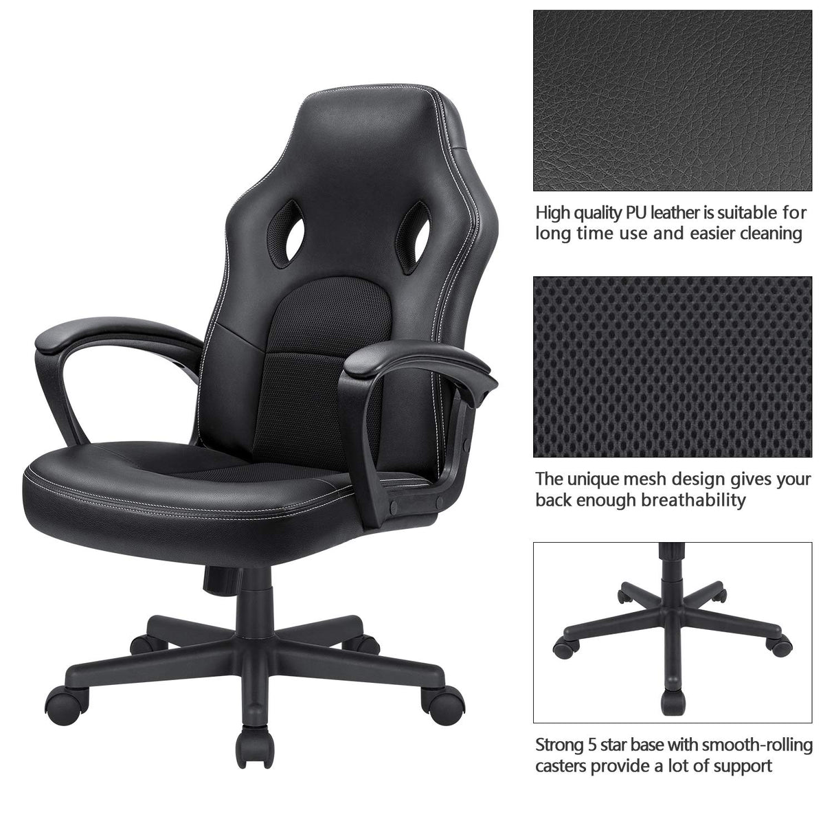 KaiMeng Office Gaming Chair High Back Leather Computer Chairs Ergonomic Height Adjustable Racing Game Desk Chair Executive Conference Task Chair (Black) KaiMeng
