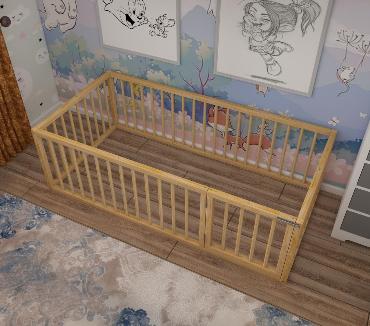 Montessori Floor Bed with Door for Toddler Crib Size 27.5'' x 53'' | Pine Wood Natural Solid Frame Bed | Sturdy Design Floor Bed Frame for Boy and Girls (Crib, Height : 19 Inches) wood and montessori