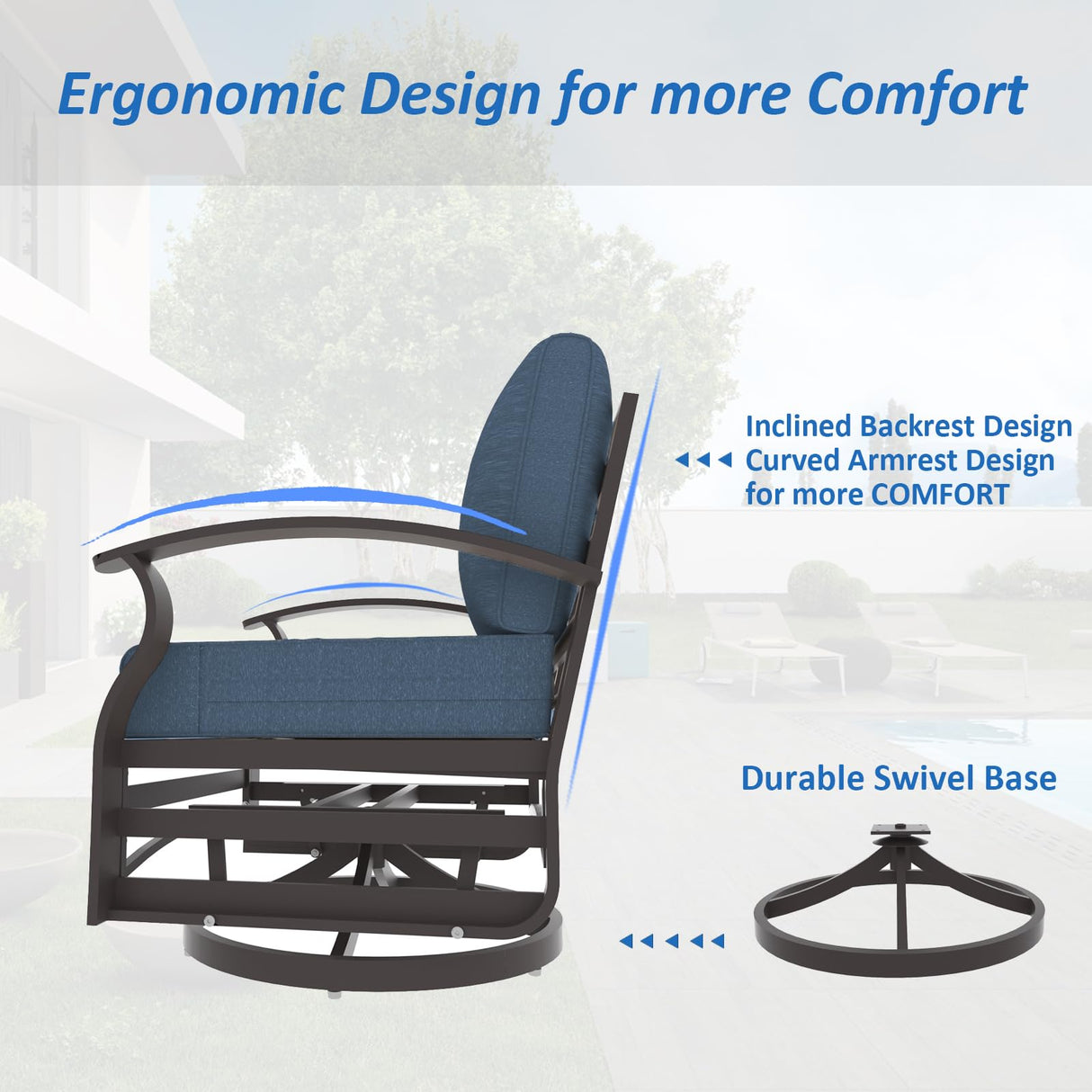 ALAULM Aluminum Patio Furniture Set with 2 Swivel Chairs 7-seat Metal Outdoor Furniture Patio Sectional Sofas Patio Conversation Set w/5.1" Cushions for Patio, Backyard, Poolside-Dark Blue ALAULM