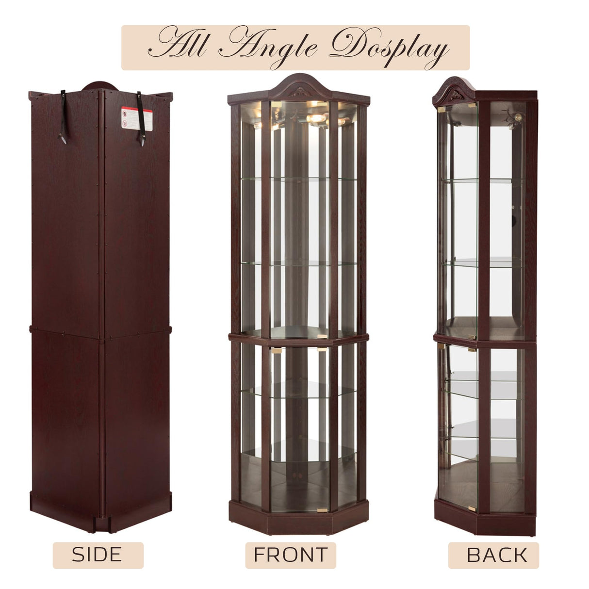 Lighted Corner Curio Cabinet with Tempered Glass Doors and Shelves, 72"H Glass Display Cabinet with Curved Top Carving, Light Bulb Included, Rack for Liquor Storage and Living Room (Dark Cherry) Eyisean