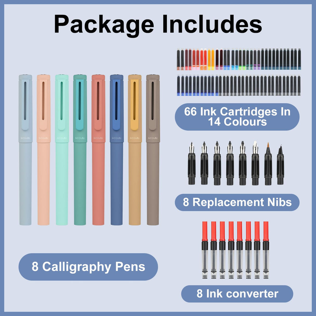 GC QUILL Calligraphy Pen Set 74pcs- 8 Calligraphy Fountain Pens with Varied Nibs, 66 Ink Cartridges(14 Colors)-Writing, Drawing, Calligraphy Practice for Beginner GC-F866 GC QUILL