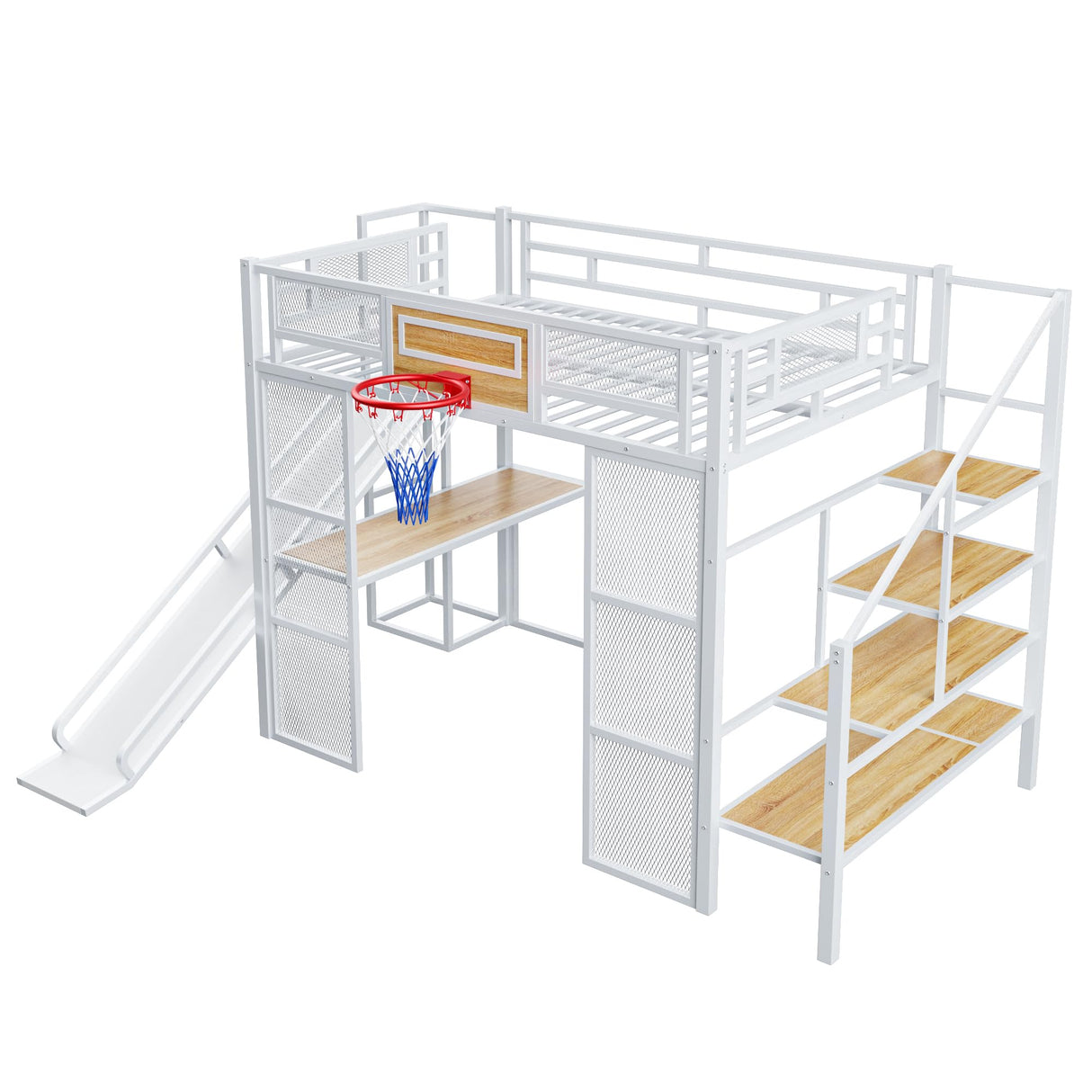 SOFTSEA Full Size Loft Bed with Slide and Storage Stairs, Metal Loft Bed with Built-in Desk, Open Wardrobe, Basketball Hoop, Space-Saving Loft Bed Frame with Guardrail for Kids Teens Boys, White SOFTSEA