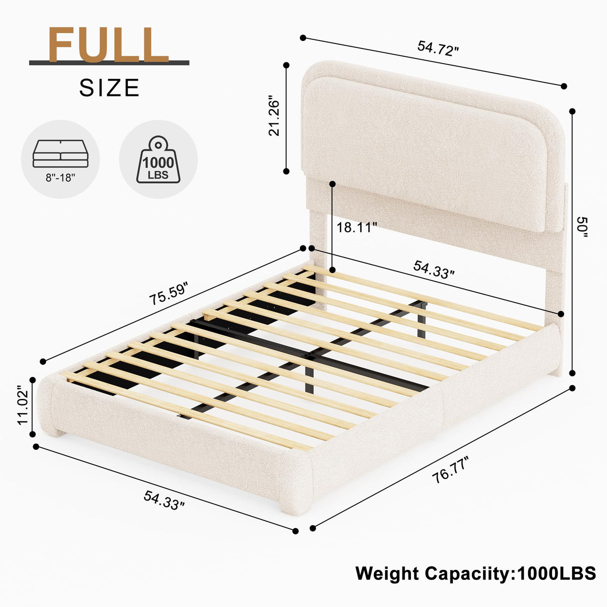 Full Bed Frame, Soft Teddy Fleece Upholstered Platform Bedframe with Thickened Rounded Corners Headboard Footboard, Modern Curved Shaped Cloud Bed Frame with LED Lights, No Box Spring Needed, Cream SIBEDS